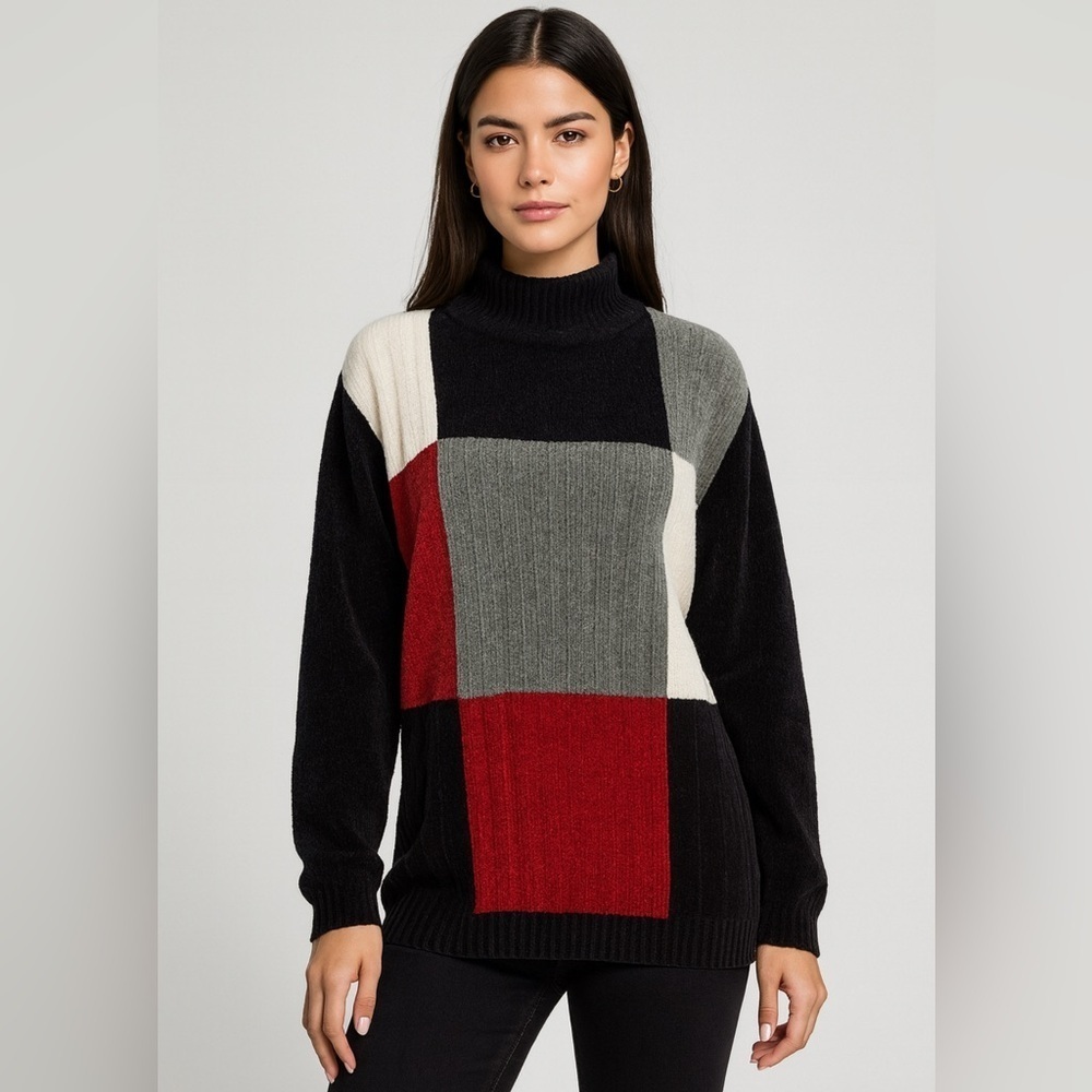 Classic Elements Multicolor Colorblock Chunky Knit Turtleneck Sweater Cozy Lg